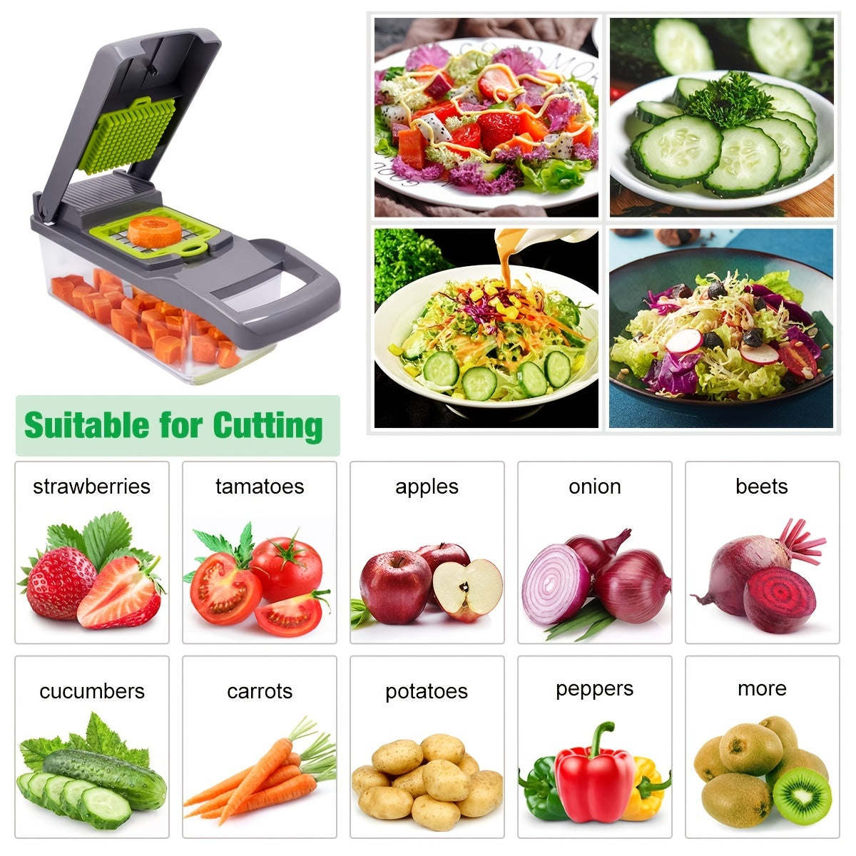 1 Set Kitchen Vegetable Chopper, 14-in-1 Vegetable Chopper Food Cutter With 8 Stainless Steel Blades And Container Ideal For Slicing Onions Garlic Eid Al-Adha Mubarak