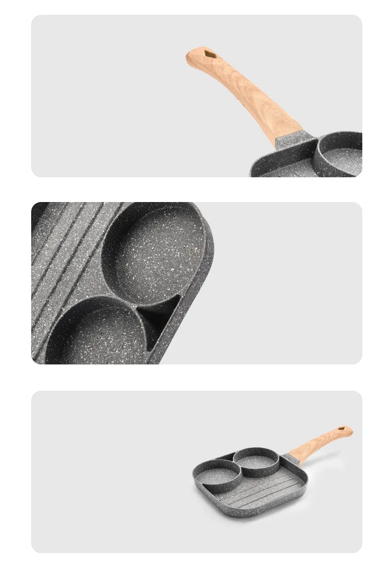 UPORS 4 Hole Frying Pan Non Stick Breakfast Burger Egg Pancake Maker Wooden Handle Medical Stone Four Hole Omelet Pan