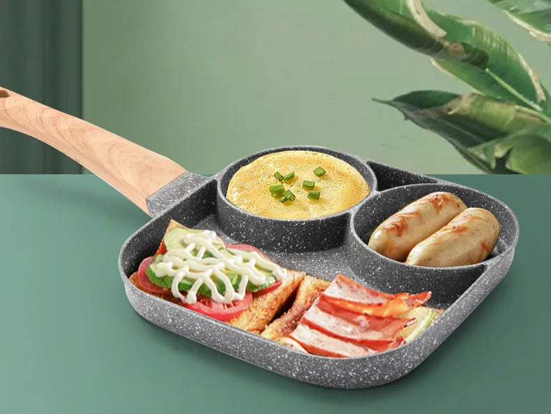 UPORS 4 Hole Frying Pan Non Stick Breakfast Burger Egg Pancake Maker Wooden Handle Medical Stone Four Hole Omelet Pan