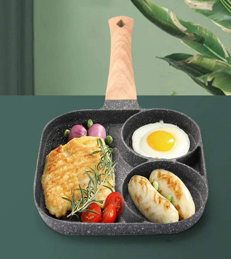 UPORS 4 Hole Frying Pan Non Stick Breakfast Burger Egg Pancake Maker Wooden Handle Medical Stone Four Hole Omelet Pan