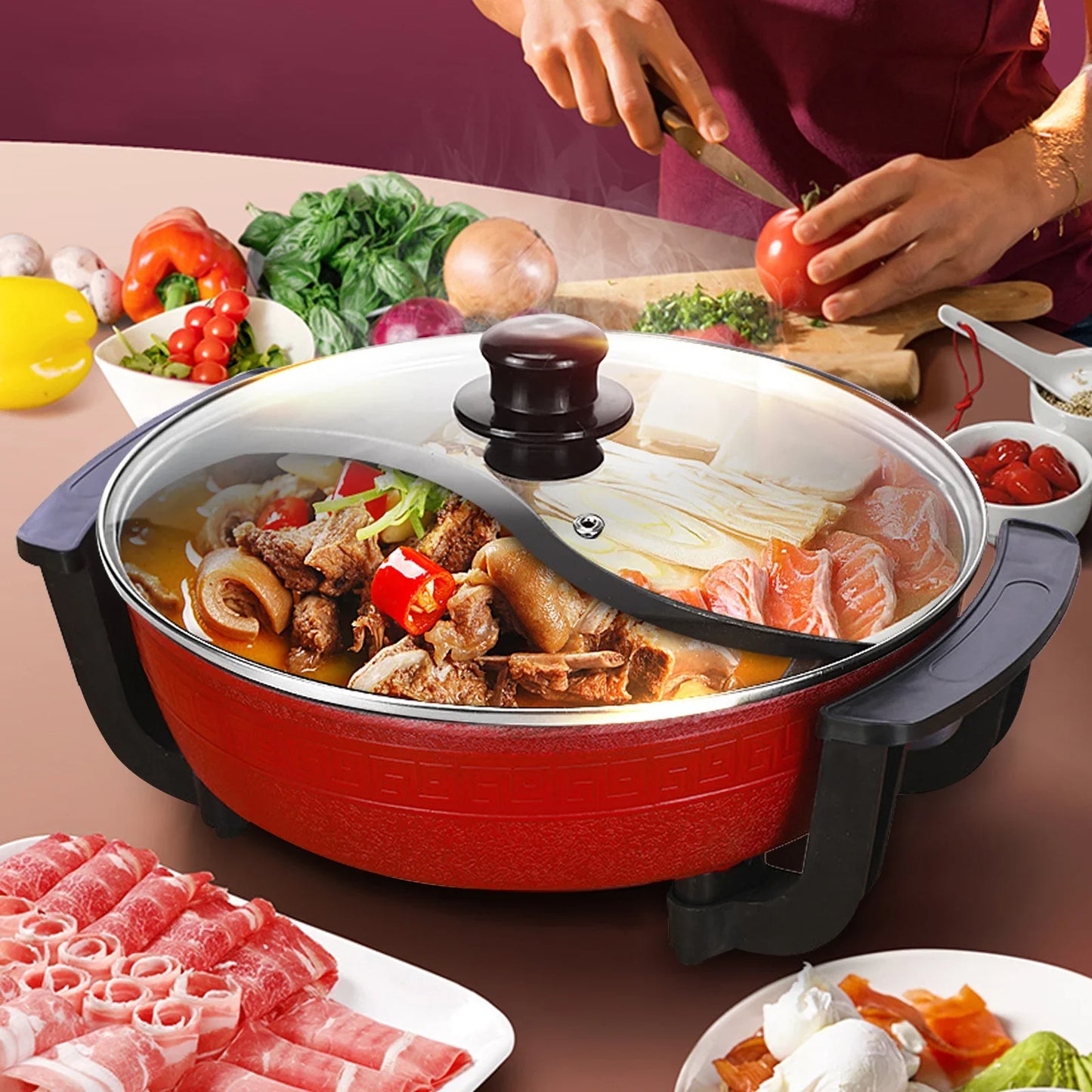 1360W Hot Pot, Kitchen Electric Non Stick W/ Lid Cooking Pot, Yuanyang Hot 2-Flavour Pot Cooking Utensils