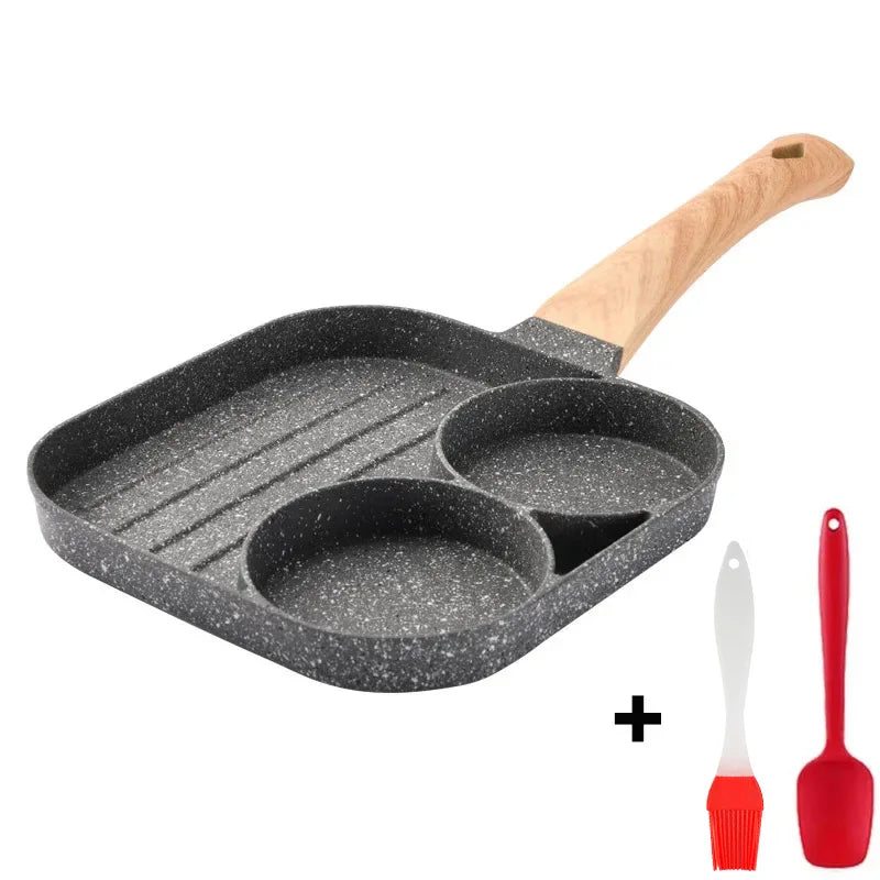 UPORS 4 Hole Frying Pan Non Stick Breakfast Burger Egg Pancake Maker Wooden Handle Medical Stone Four Hole Omelet Pan