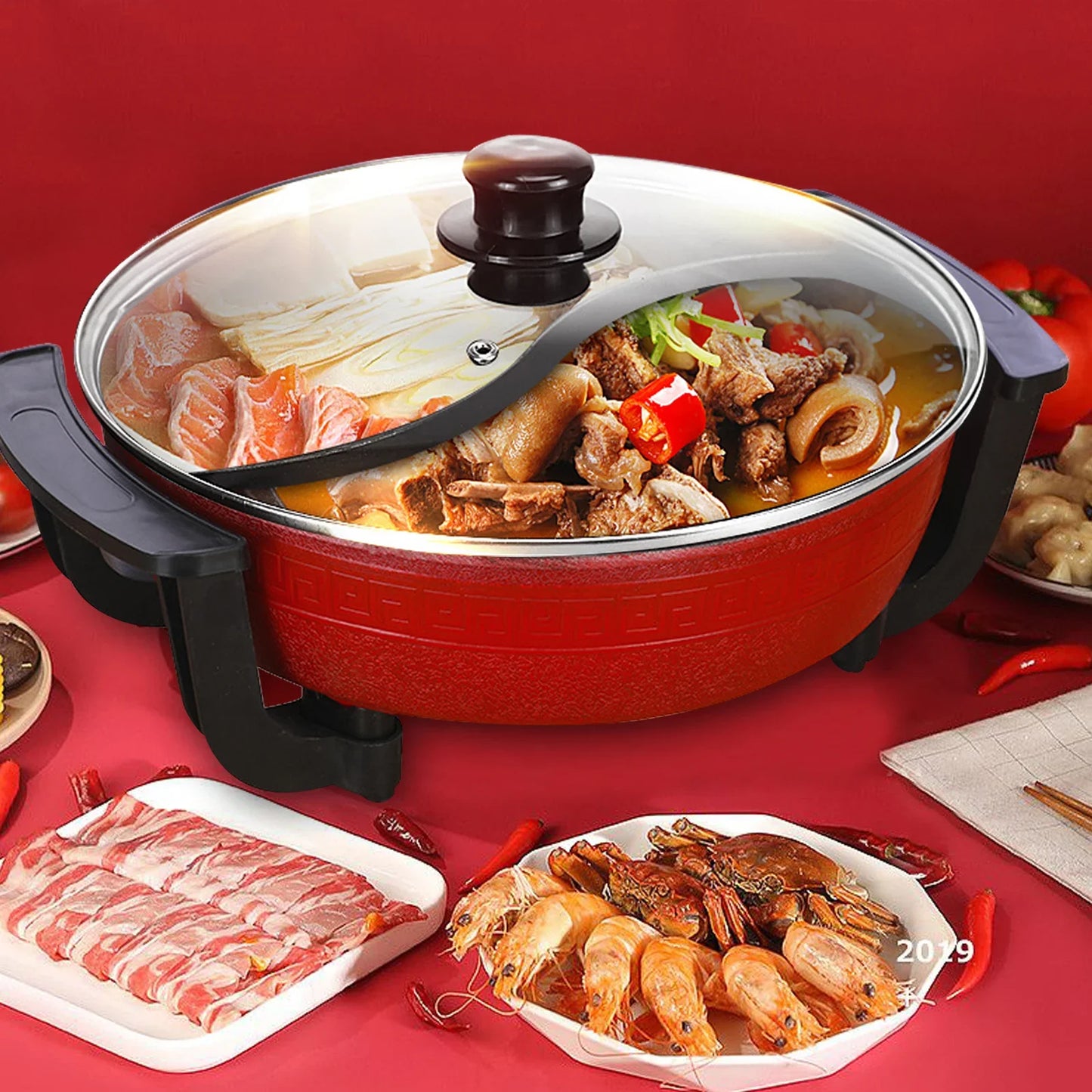 1360W Hot Pot, Kitchen Electric Non Stick W/ Lid Cooking Pot, Yuanyang Hot 2-Flavour Pot Cooking Utensils