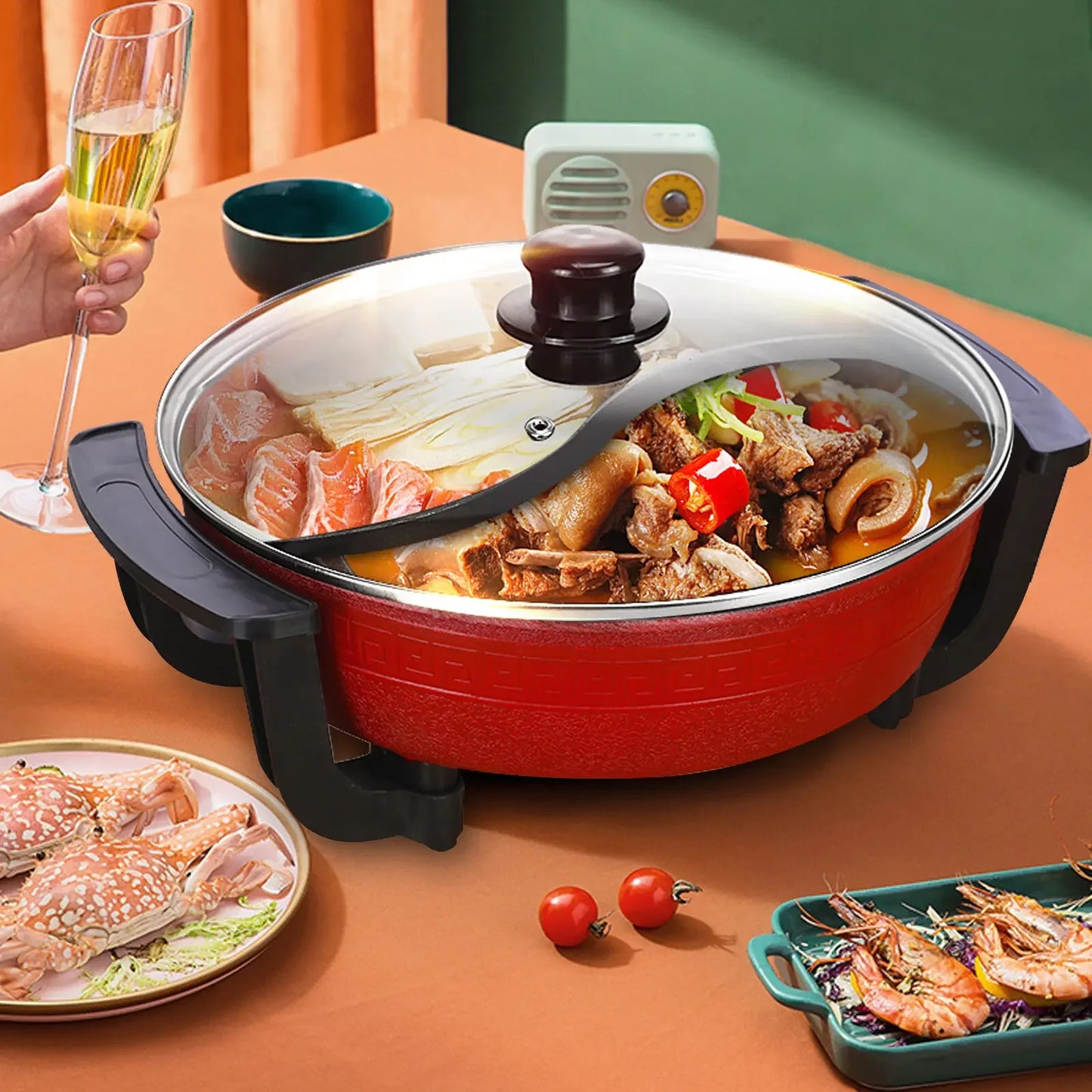 1360W Hot Pot, Kitchen Electric Non Stick W/ Lid Cooking Pot, Yuanyang Hot 2-Flavour Pot Cooking Utensils