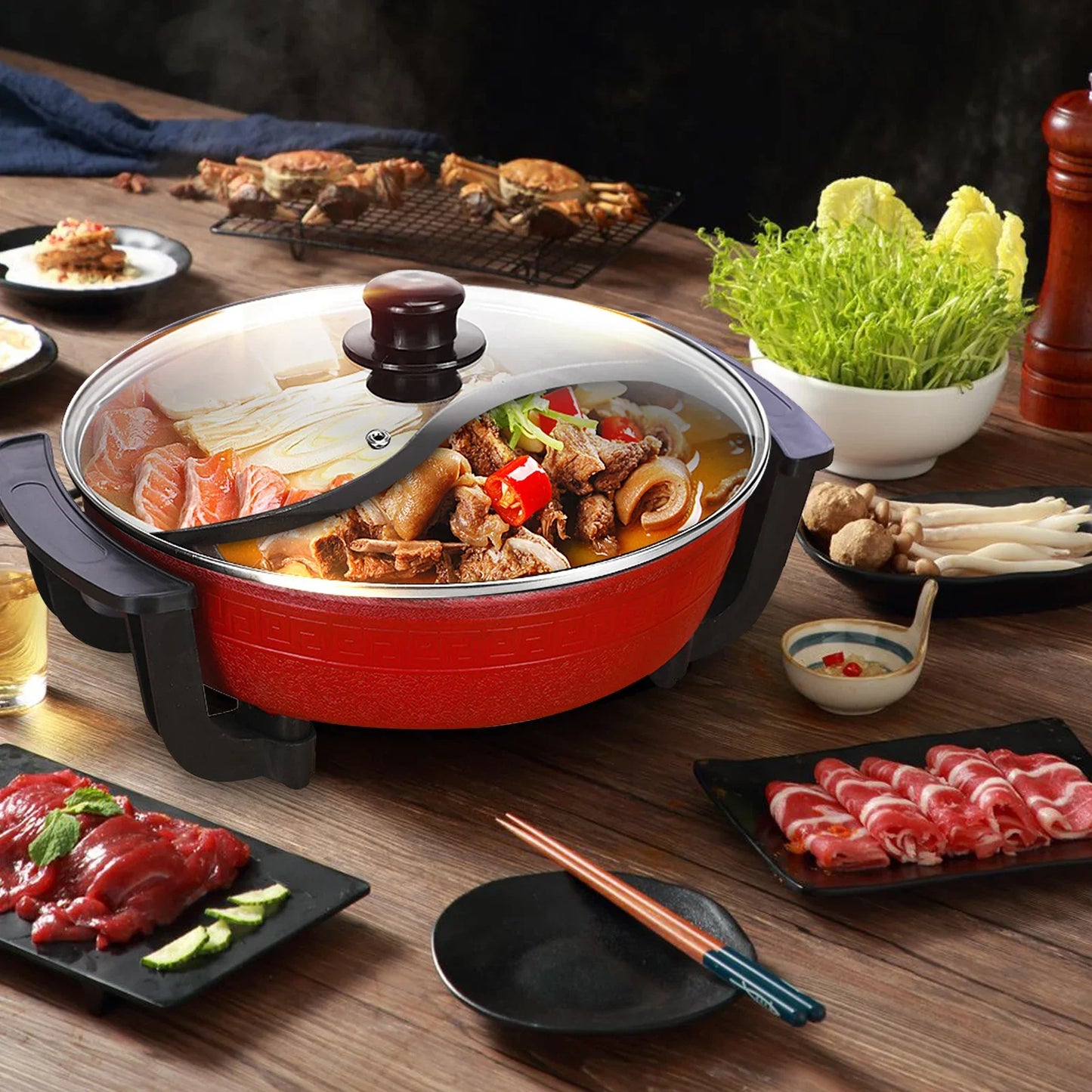 1360W Hot Pot, Kitchen Electric Non Stick W/ Lid Cooking Pot, Yuanyang Hot 2-Flavour Pot Cooking Utensils