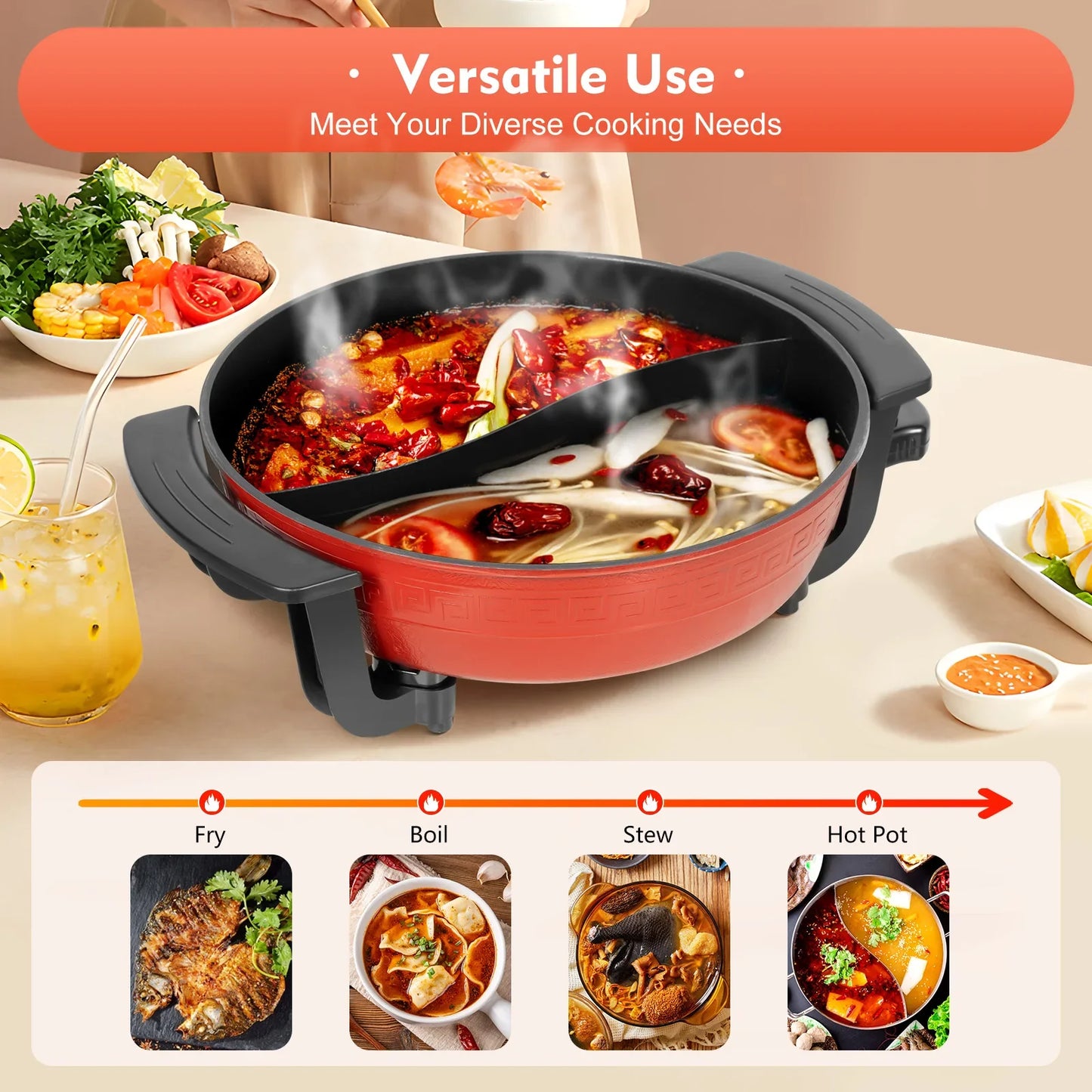 1360W Hot Pot, Kitchen Electric Non Stick W/ Lid Cooking Pot, Yuanyang Hot 2-Flavour Pot Cooking Utensils