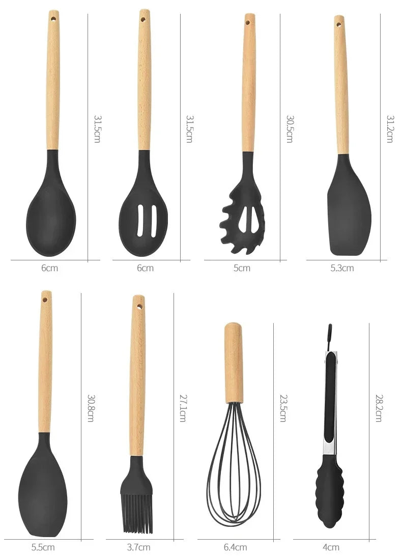 12PCS silicone kitchen utensils non-stick cookware kitchen utensils practical wooden handle cooking tools kitchen utensil set