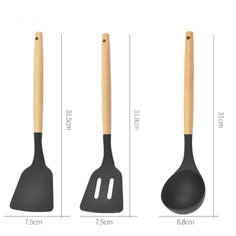 12PCS silicone kitchen utensils non-stick cookware kitchen utensils practical wooden handle cooking tools kitchen utensil set