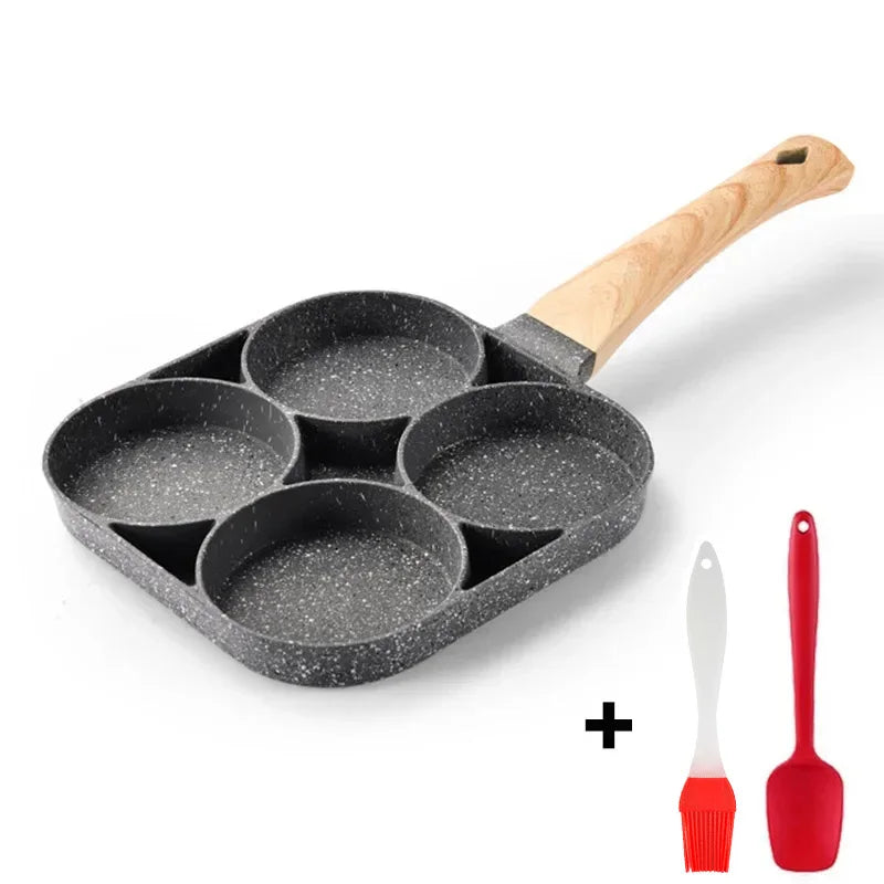 UPORS 4 Hole Frying Pan Non Stick Breakfast Burger Egg Pancake Maker Wooden Handle Medical Stone Four Hole Omelet Pan