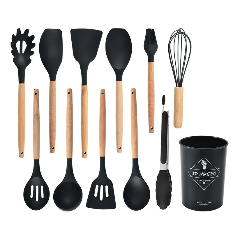 12PCS silicone kitchen utensils non-stick cookware kitchen utensils practical wooden handle cooking tools kitchen utensil set