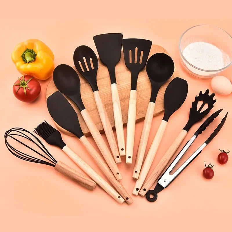 12PCS silicone kitchen utensils non-stick cookware kitchen utensils practical wooden handle cooking tools kitchen utensil set