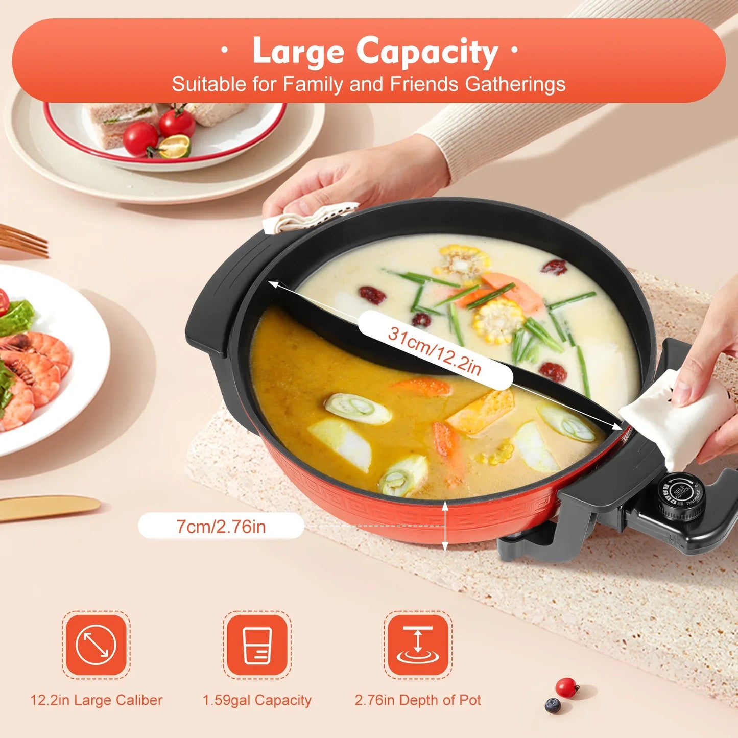 1360W Hot Pot, Kitchen Electric Non Stick W/ Lid Cooking Pot, Yuanyang Hot 2-Flavour Pot Cooking Utensils