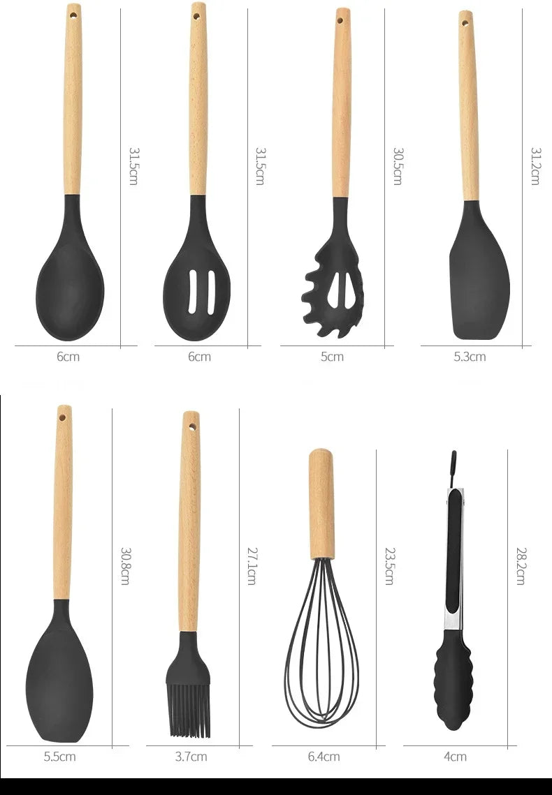 12PCS silicone kitchen utensils non-stick cookware kitchen utensils practical wooden handle cooking tools kitchen utensil set