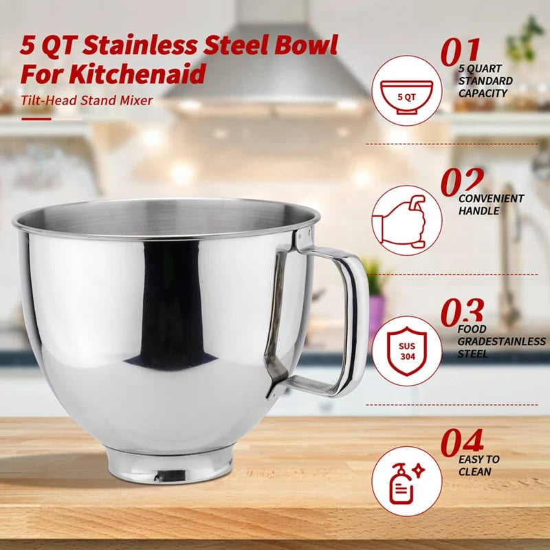 Stainless Steel Mixer Bowl 5QT Compatible With For KITCHENAID TILT-HEAD STAND MIXERS 4.5-5 Quart, 5 Quart Mixing Bowl