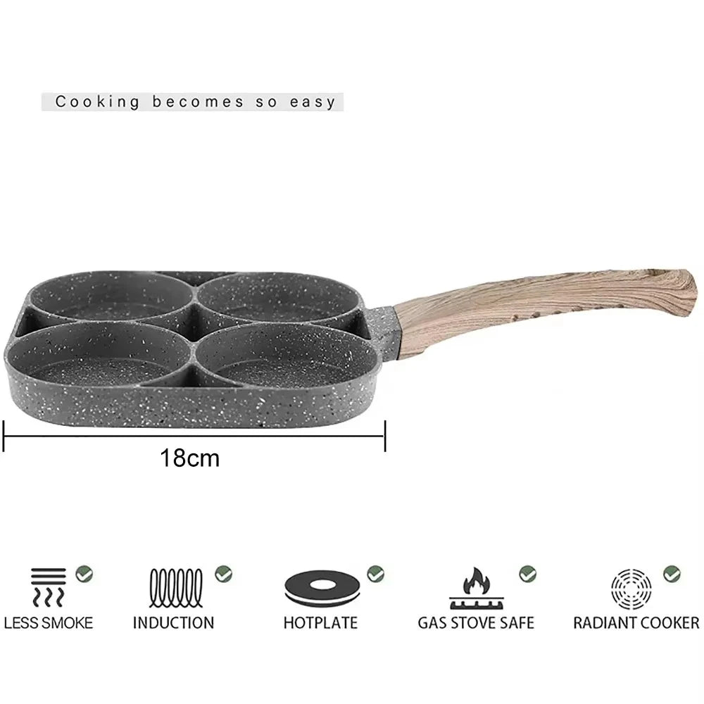 UPORS 4 Hole Frying Pan Non Stick Breakfast Burger Egg Pancake Maker Wooden Handle Medical Stone Four Hole Omelet Pan