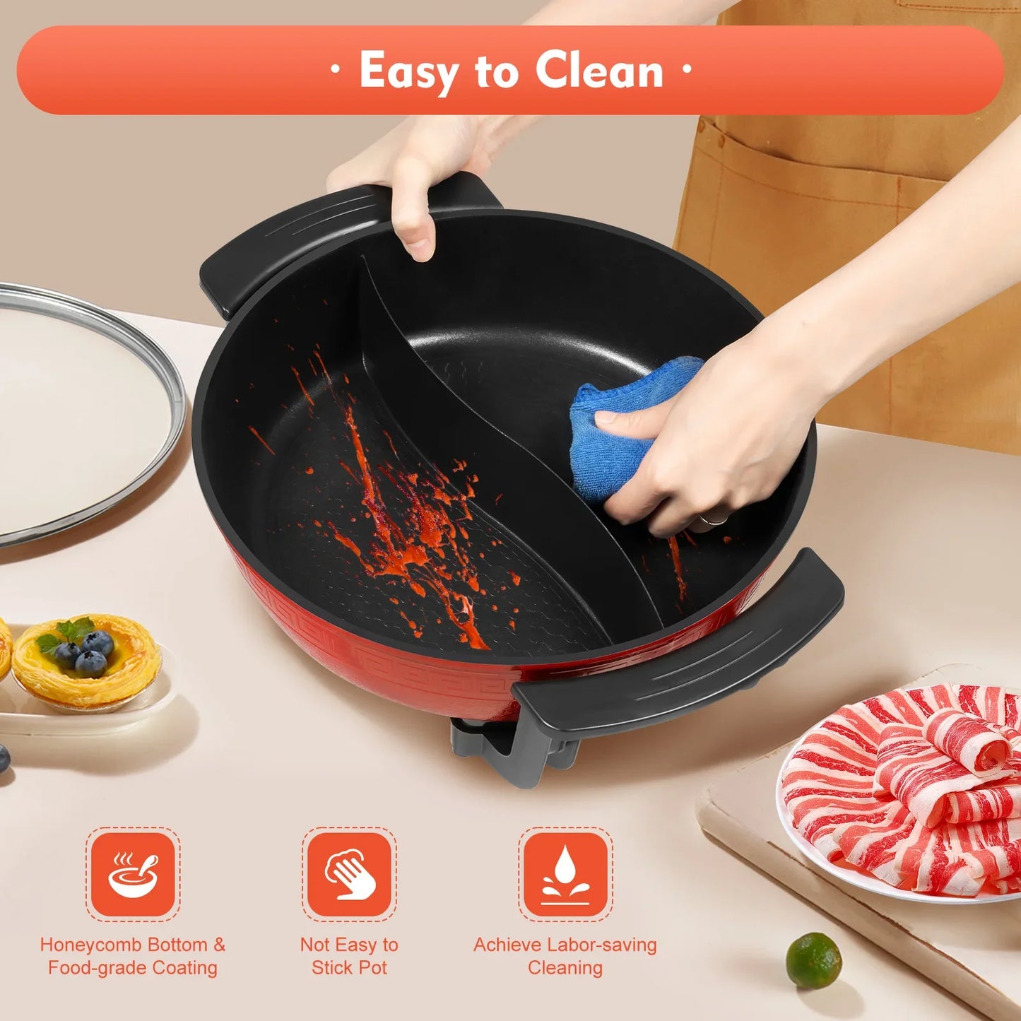 1360W Hot Pot, Kitchen Electric Non Stick W/ Lid Cooking Pot, Yuanyang Hot 2-Flavour Pot Cooking Utensils