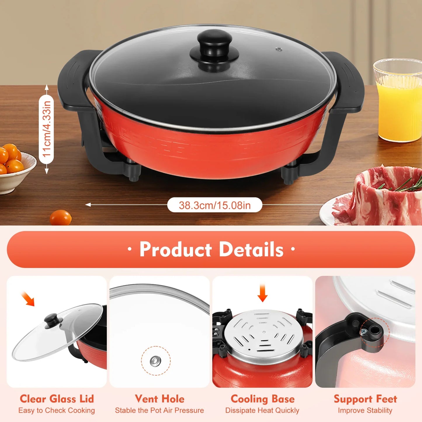 1360W Hot Pot, Kitchen Electric Non Stick W/ Lid Cooking Pot, Yuanyang Hot 2-Flavour Pot Cooking Utensils